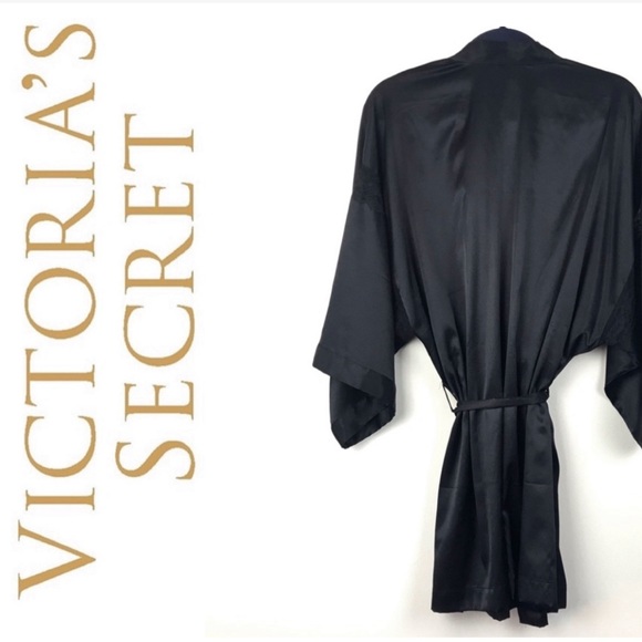 Vintage Victoria’s Secret Black Satin & Lace Belted Kimono Dressing Gown Robe M - Picture 3 of 13